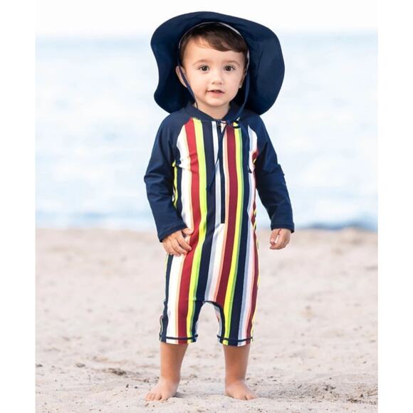 Ruggedbutts One Piece Baby Boys Rash Guard Swimsuit Sunset Stripe 12-18 mo NWT - Picture 1 of 4